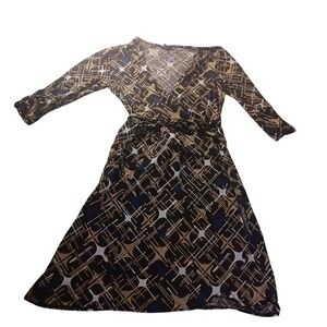 New York‎ & Company Womens Belted Wrap Dress Size L Brown Geometric Print